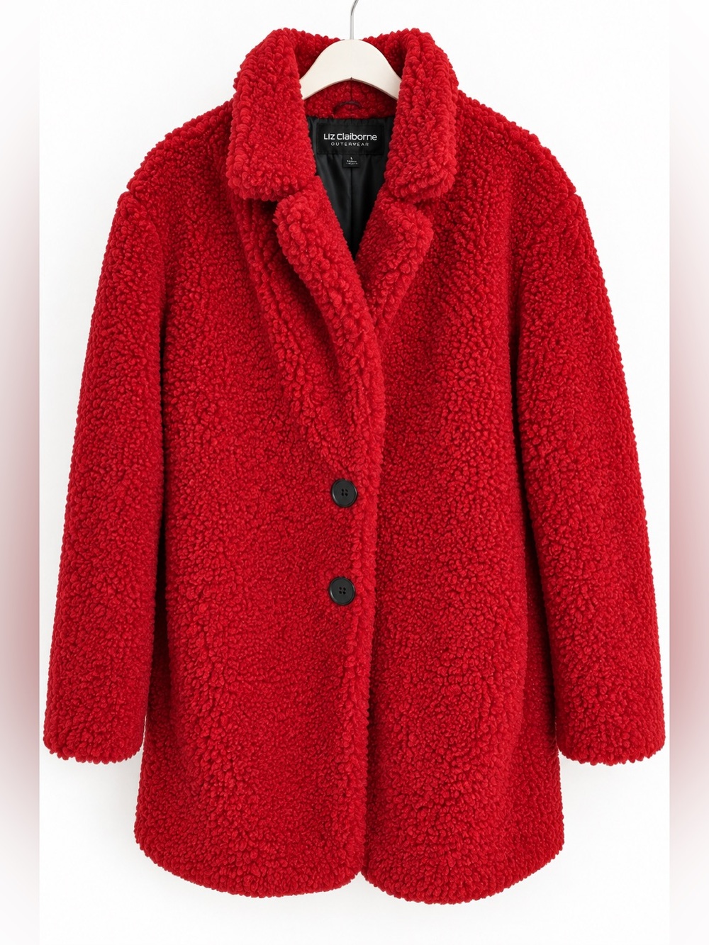 Liz Claiborne Red Teddy Coat L Faux Fur Plush Button Front Holiday Jacket
